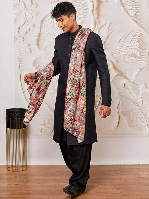 Men's Black Silk Blend Sherwani, Kurta And Patiala Set